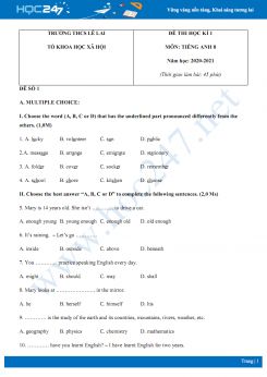 Bộ đề thi HK1 môn Tiếng Anh 8 năm 2020 có đáp án trường THCS Lê Lai