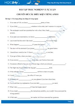 Bài tập trắc nghiệm và tự luận chuyên đề câu điều kiện Tiếng Anh 8 có đáp án