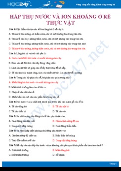 Bài tập trắc nghiệm ôn tập Quá trình hấp thụ nước và ion khoáng ở rễ thực vật Sinh học 11