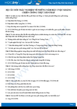 Câu hỏi trắc nghiệm về Những năm đầu kháng chiến chống thực dân Pháp môn Lịch sử 9