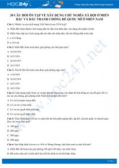 30 câu hỏi ôn tập về Xây dựng CNXH miền Bắc và chống đế quốc Mĩ ở miền Nam môn Lịch sử 9
