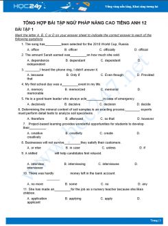 Tổng hợp bài tập ngữ pháp nâng cao Tiếng Anh 12