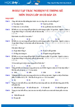 50 bài tập trắc nghiệm về Thống kê môn Toán lớp 10 có đáp án