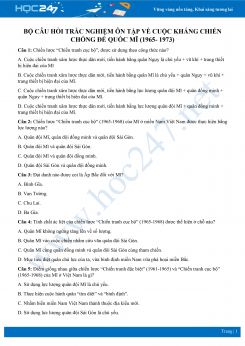 Bộ câu hỏi trắc nghiệm về Kháng chiến chống đế quốc Mĩ có đáp án môn Lịch sử 9