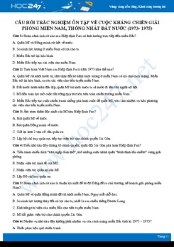 Câu hỏi trắc nghiệm về Cuộc kháng chiến giải phóng miền nam có đáp án môn Lịch sử 9