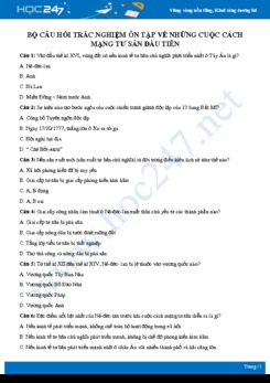 Bộ câu hỏi trắc nghiệm về những cuộc cách mạng tư sản đầu tiên có đáp án môn Lịch sử 8