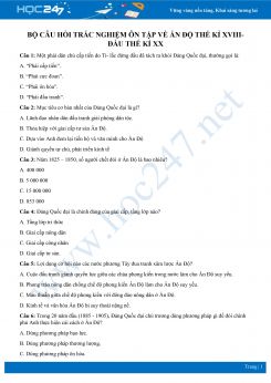 Câu hỏi trắc nghiệm về Ấn Độ thế kỉ XVIII- đầu thế kỉ XX có đáp án môn Lịch sử 8