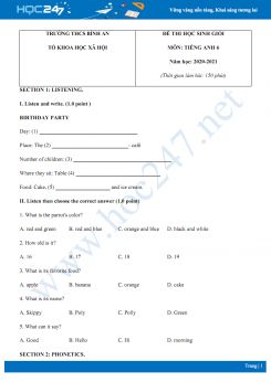 Đề thi HSG cấp trường môn Tiếng Anh 6 năm 2020 có đáp án trường THCS Bình An