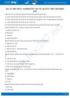 40 Câu hỏi trắc nghiệm ôn tập về Lịch sử thế giới hiện đại có đáp án môn Lịch sử 8