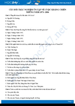 Câu hỏi trắc nghiệm ôn tập về Cuộc kháng chiến những năm 1873- 1884 môn Lịch sử 8
