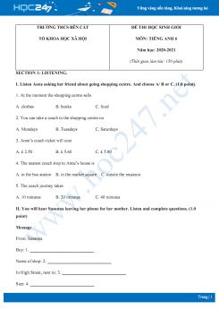 Đề thi HSG cấp trường môn Tiếng Anh 6 năm 2020 có đáp án trường THCS Bến Cát