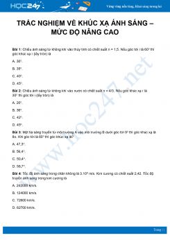 30 câu trắc nghiệm về Khúc xạ ánh sáng môn Vật Lý 11 - Nâng cao có đáp án