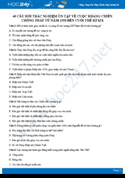 40 câu hỏi trắc nghiệm ôn tập về Cuộc kháng chiến chống thực dân Pháp môn Lịch sử 8