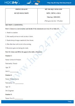 Đề thi HSG cấp huyện môn Tiếng Anh 6 năm 2020 có đáp án Phòng GD & ĐT huyện Hoài Nhơn