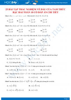25 bài tập trắc nghiệm về Dấu tam thức bậc hai Toán 10 có đáp án chi tiết