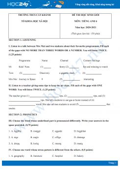Đề thi HSG cấp trường môn Tiếng Anh 6 năm 2020 có đáp án trường THCS Cát Khánh