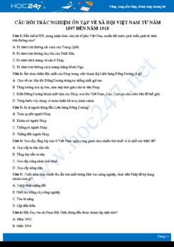 Câu hỏi trắc nghiệm ôn tập về Xã hội Việt Nam từ năm 1897 đến năm 1918 môn Lịch sử 8