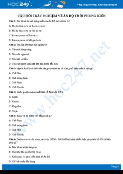 Bộ câu hỏi trắc nghiệm về Ấn Độ thời phong kiến có đáp án môn Lịch sử 7