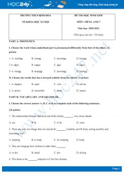 Đề thi HSG cấp trường môn Tiếng Anh 7 năm 2020 có đáp án trường THCS Định Hòa