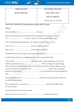 Đề thi HSG cấp huyện môn Tiếng Anh 7 năm 2020 có đáp án Phòng GD & ĐT huyện Vĩnh Lộc