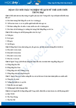 40 câu hỏi trắc nghiệm về Lịch sử thế giới trung đại có đáp án môn Lịch sử 7