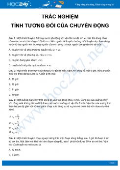 Trắc nghiệm ôn tập về Tính tương đối của chuyển động - Công thức cộng vận tốc có đáp án môn Vật Lý 10 năm 2020