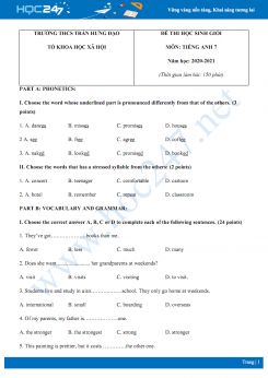 Đề thi HSG cấp trường môn Tiếng Anh 7 năm 2020 có đáp án trường THCS Trần Hưng Đạo