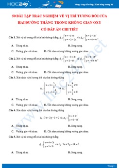 50 bài tập trắc nghiệm về Vị trí tương đối của hai đường thẳng trong mặt phẳng Oxy có đáp án chi tiết
