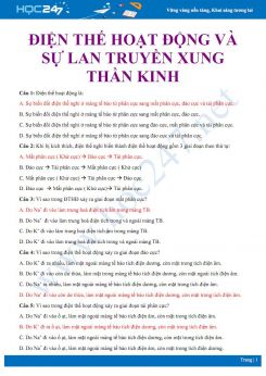 Bài tập trắc nghiệm ôn tập Điện thế hoạt động và sự lan truyền xung thần kinh Sinh học 11