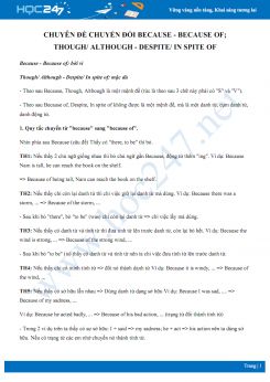 Chuyên đề chuyển đổi Because sang Because of, Though/ Although sang Despite/ In spite of