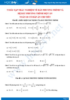 75 bài tập trắc nghiệm về Bất phương trình và hệ bất phương trình một ẩn Toán 10 có đáp án chi tiết