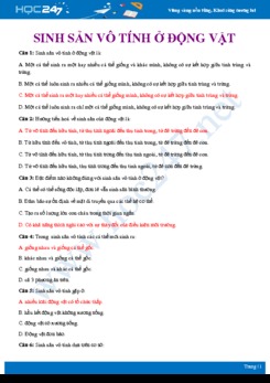 Bài tập trắc nghiệm ôn tập Các hình thức sinh sản vô tính ở động vật Sinh học 11 có đáp án