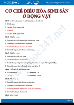 35 Câu hỏi trắc nghiệm ôn tập Cơ chế điều hòa sinh sản ở động vật Sinh học 11