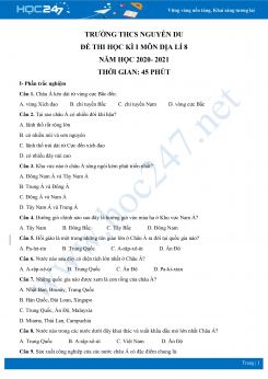 Đề thi HK1 môn Địa lí 8 năm 2020 - Trường THCS Nguyễn Du có đáp án