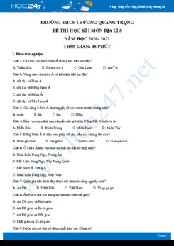 Đề thi HK1 môn Địa lí 8 năm 2020 - Trường THCS Trương Quang Trọng có đáp án