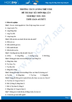 Đề thi HK1 môn Địa lí 8 năm 2020 - Trường THCS Lương Thế Vinh có đáp án