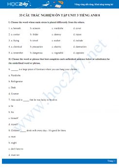 33 câu trắc nghiệm ôn tập Unit 3 Tiếng Anh 8