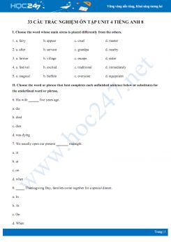 33 câu trắc nghiệm ôn tập Unit 4 Tiếng Anh 8