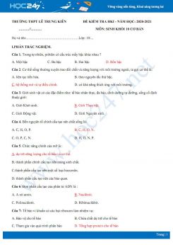 Đề thi HK1 môn Sinh học 10 năm 2020 - Trường THPT Lê Trung Kiên có đáp án