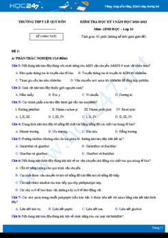 Đề thi HK1 môn Sinh học 10 năm 2020 - Trường THPT Lê Qúy Đôn có đáp án