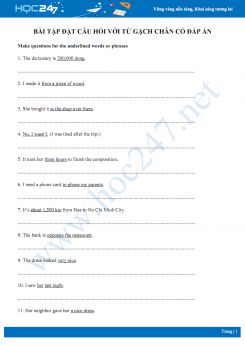 Bài tập đặt câu hỏi với từ gạch chân có đáp án