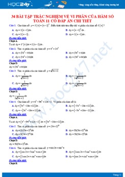34 bài tập trắc nghiệm về Vi phân của hàm số Toán 11 có đáp án chi tiết
