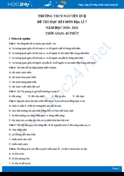 Đề thi HK1 môn Địa lí 7 năm 2020 - Trường THCS Nguyễn Huệ có đáp án