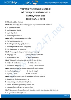 Đề thi HK1 môn Địa lí 7 năm 2020 - Trường THCS Trường Chinh có đáp án