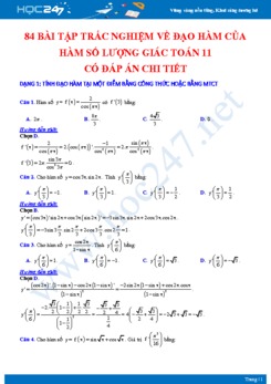 84 bài tập trắc nghiệm về Đạo hàm của hàm số lượng giác Toán 11 có đáp án chi tiết