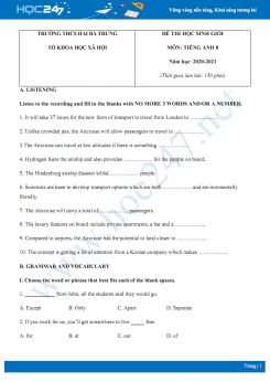 Đề thi HSG cấp trường môn Tiếng Anh 8 năm 2020 có đáp án trường THCS Hai Bà Trưng