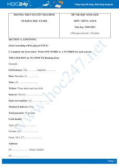 Đề thi HSG cấp trường môn Tiếng Anh 8 năm 2020 có đáp án trường THCS Nguyễn Thái Bình