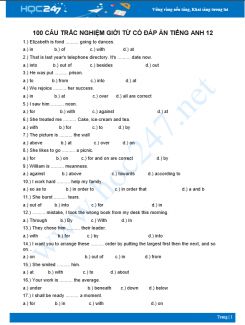 100 câu trắc nghiệm giới từ có đáp án Tiếng Anh 12