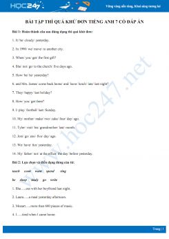 Bài tập thì quá khứ đơn Tiếng Anh 7 có đáp án