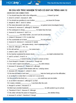 50 câu hỏi trắc nghiệm từ nối có đáp án Tiếng Anh 12
